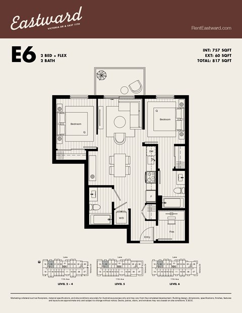 Floor plan for 2 beds, 2 baths, 757 sqft